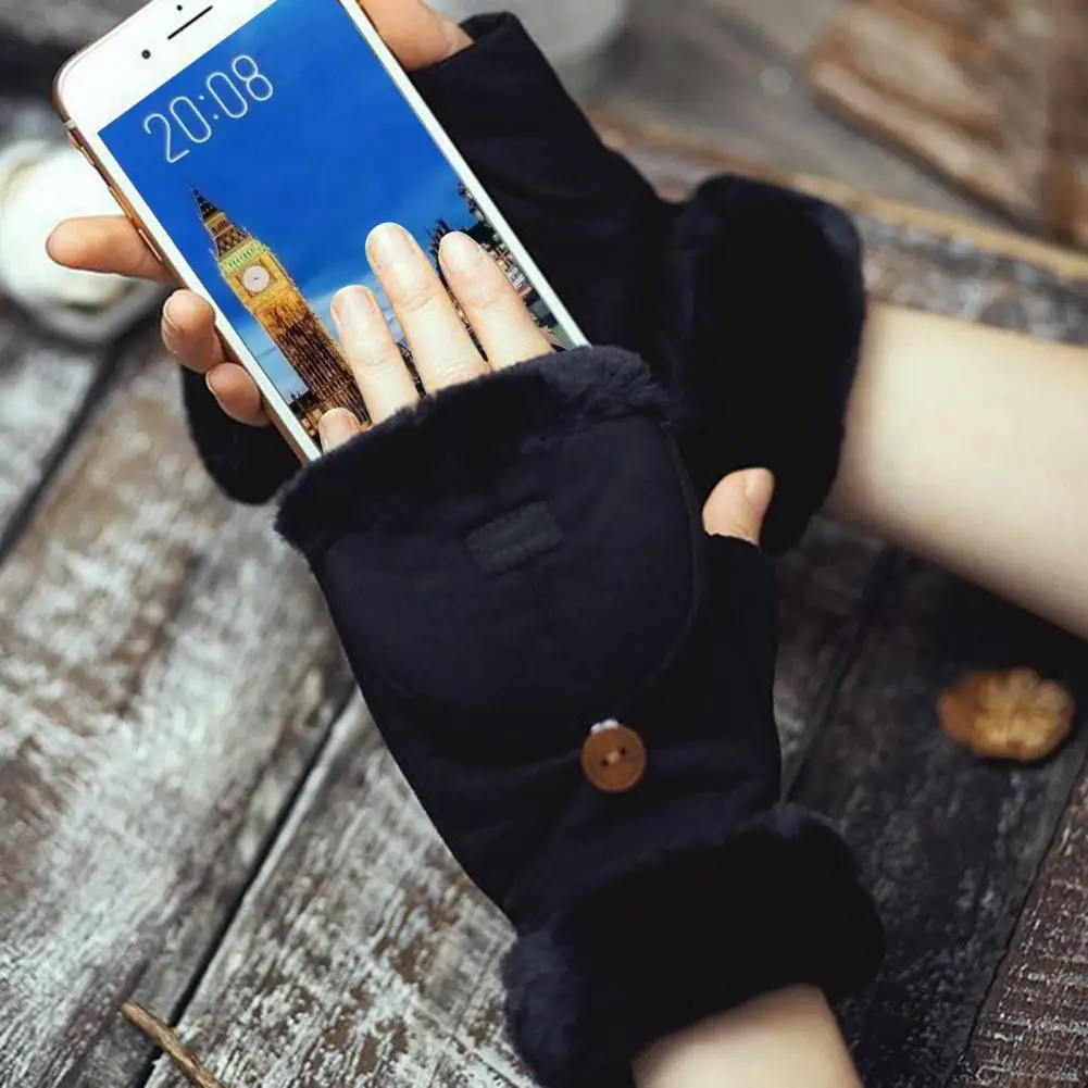 Mulheres inverno luvas de camurça conversível luvas sem dedos forrado de lã luvas quentes com punhos macios para ciclismo ao ar livre caminhadas