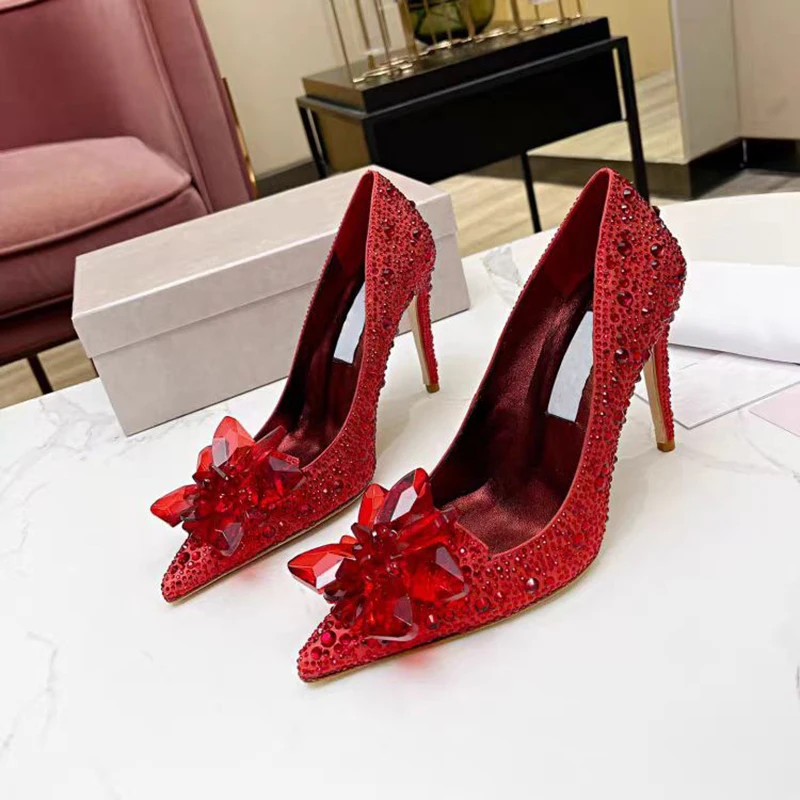 High-quality new two-piece high-heeled single shoes crystal flower glittering diamond tipped wedding shoes banquet dress women's