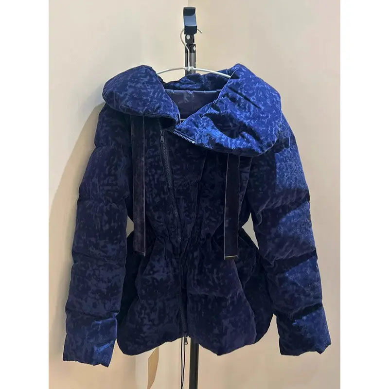 

​​2025 Winter Plush Velvet Cropped Puffer Jacket Women Blue Luxe Quilted Thermal Coat Stylish Warm Elegant Outerwear​​