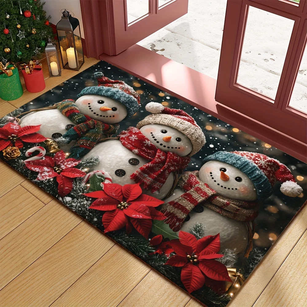 VIKAMA Christmas Doormat Non‑Slip Front Entrance Rug Washable Indoor Outdoor Xmas Snowman Poinsettia Holiday Mat