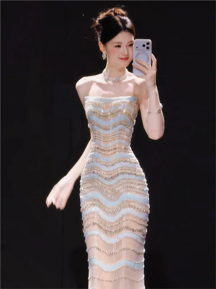 Strapless heavy-duty beaded haute couture light luxury and niche toasting fishtail dress