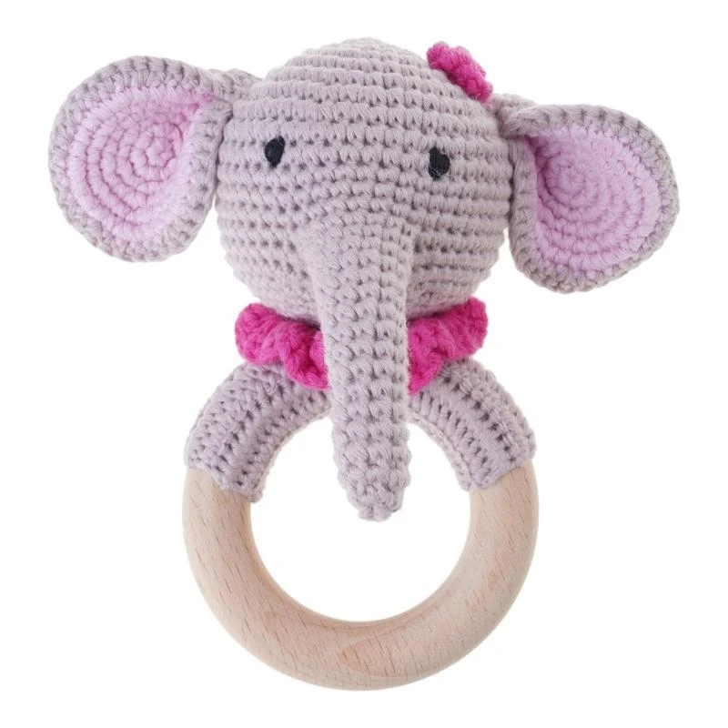 

U13F Natural Crochet Bear Teether Baby Toy Rattle Forest-Friends Amigurumi on Natural Teething Ring- Rattle Photography