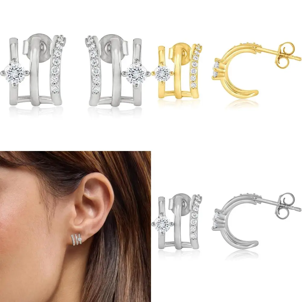 

Round Cut Lab Grown Diamond Huggie Illusion Stud Earrings in Sterling Silver or 14K Yellow Gold Plated, Triple Huggie Design, 1