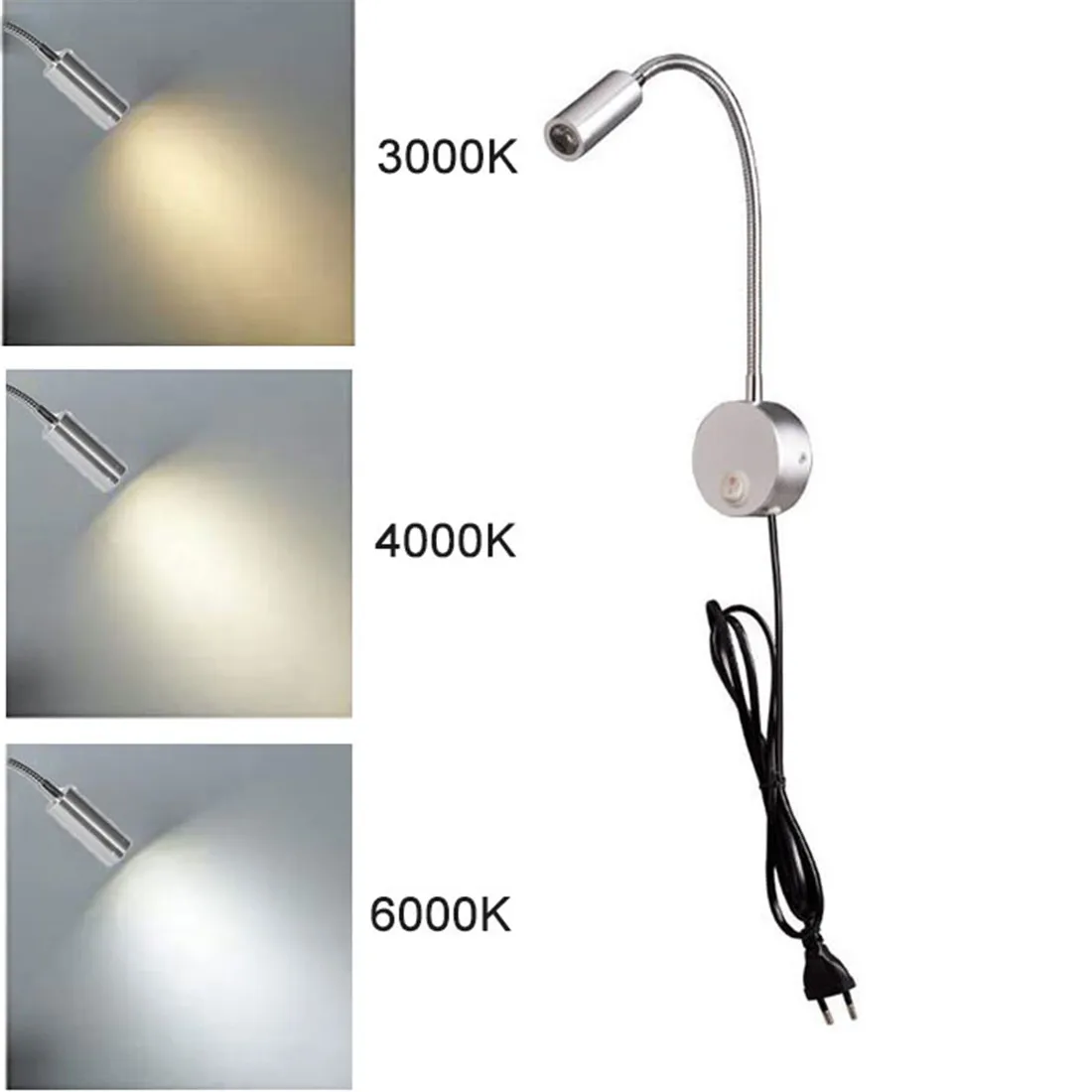 AC100-240V Silver 3W 3000K 4000K 6000K LED Reading Lights with EU USA Plug for Bed Headboard Desk Aluminum Goosene wall lamp