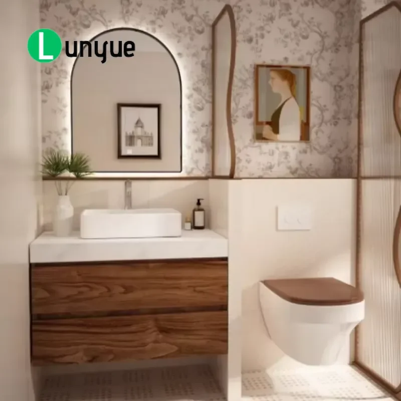 Custom French Retro Floating Solid Wood Bathroom Vanity Black Walnut Rectangular Eco Friendly Durable Drawer Cabinet