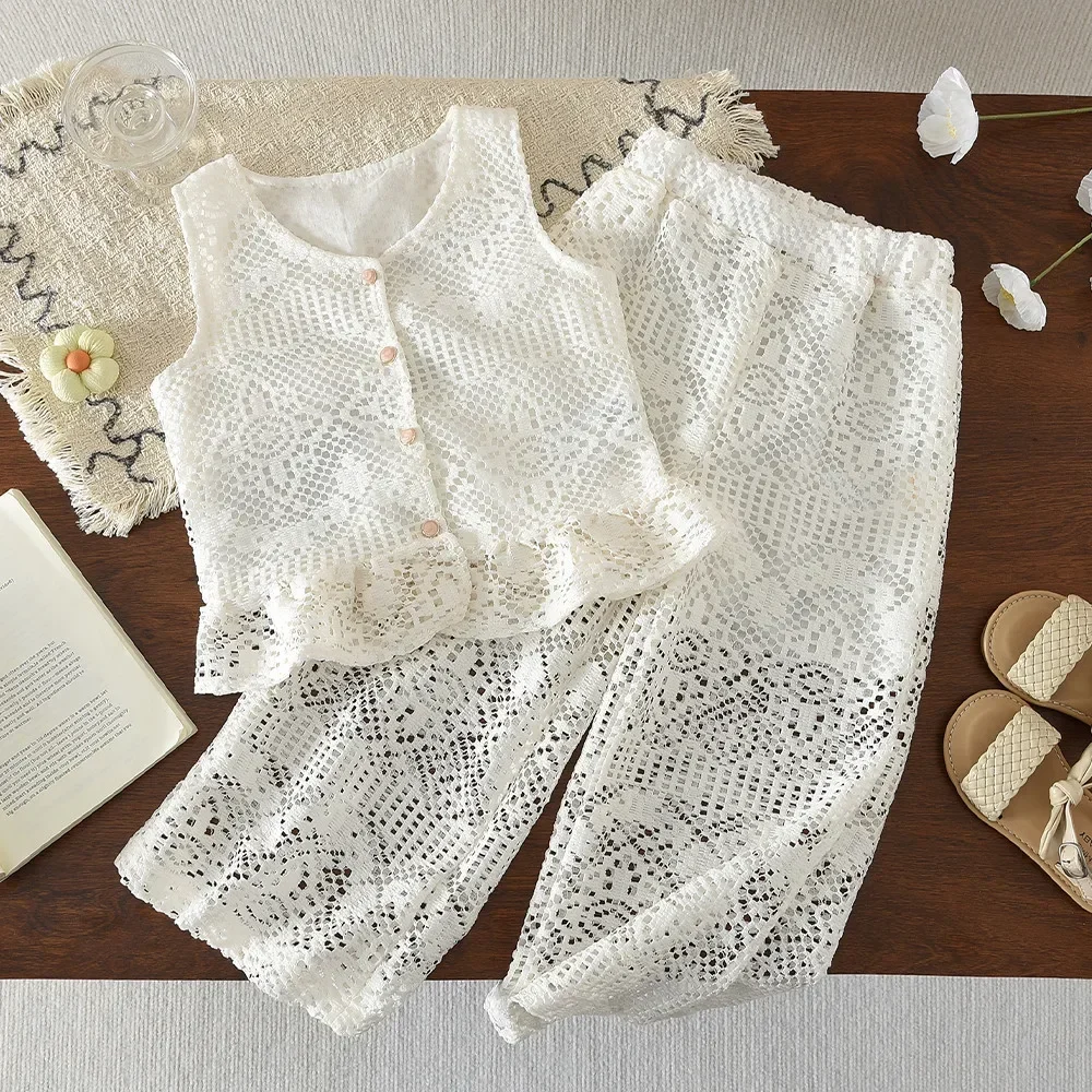 Kids Clothing Fashion White Round Neck Single Breasted Buckle Sleeveless Top and Pants Street Kids Set 2026 Summer Girls Clothes