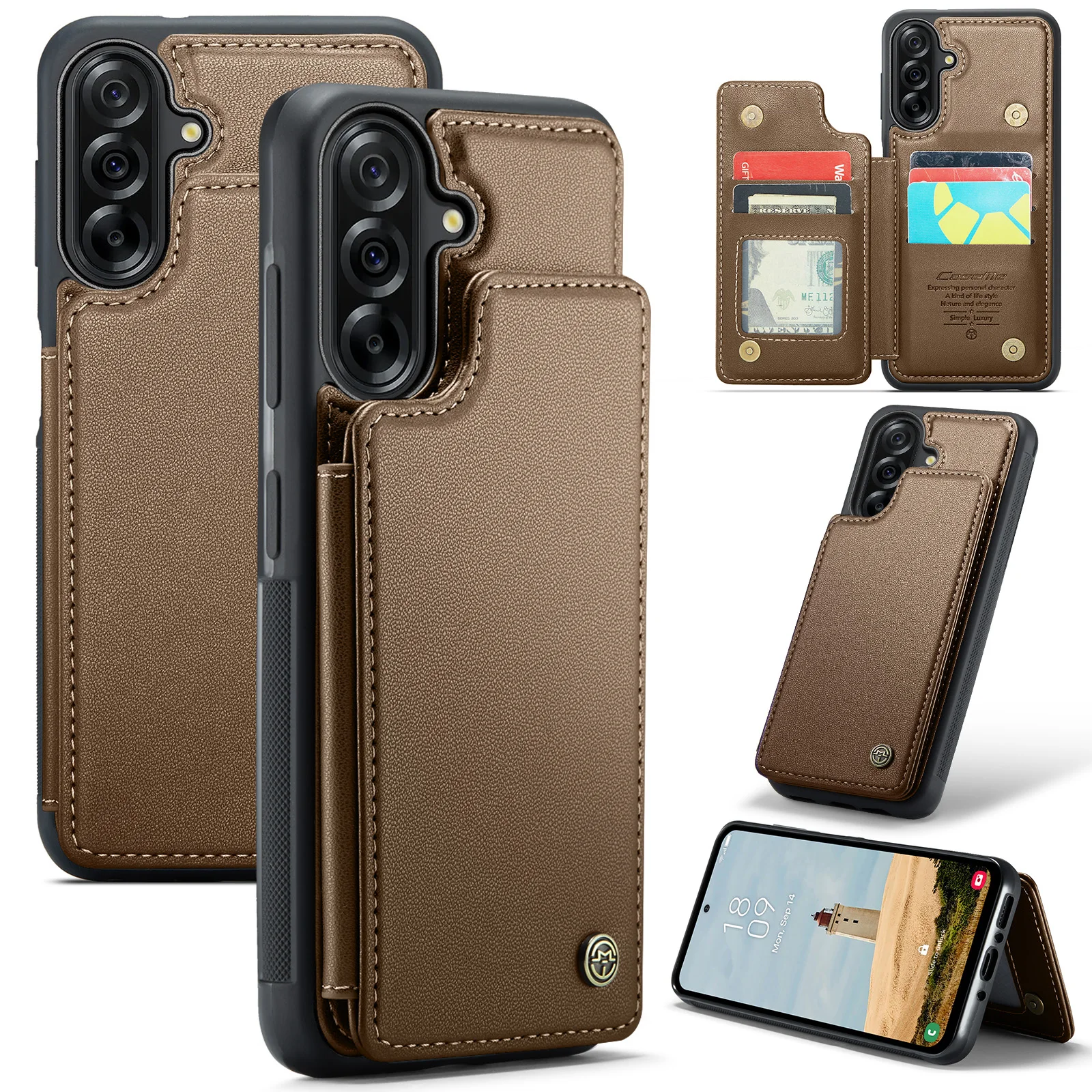 

For Samsung Galaxy A56 5G Case with RFID Blocking 5 Card Slots CASEME C22 Leather Back Cover - Brown