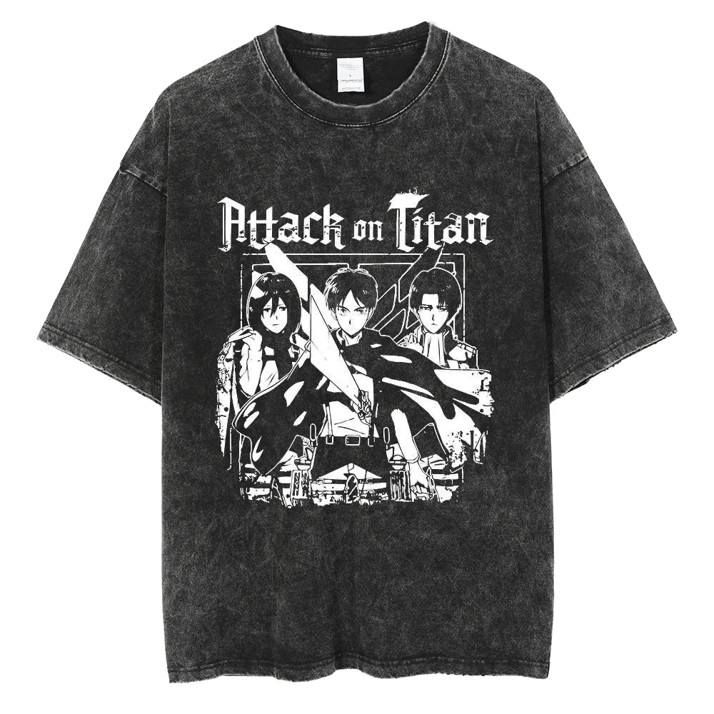 

Attack on Titan Main Trio Monochrome Gothic Acid Wash Oversized Black T-Shirt 2026 Summer Streetwear Anime Graphic Tee