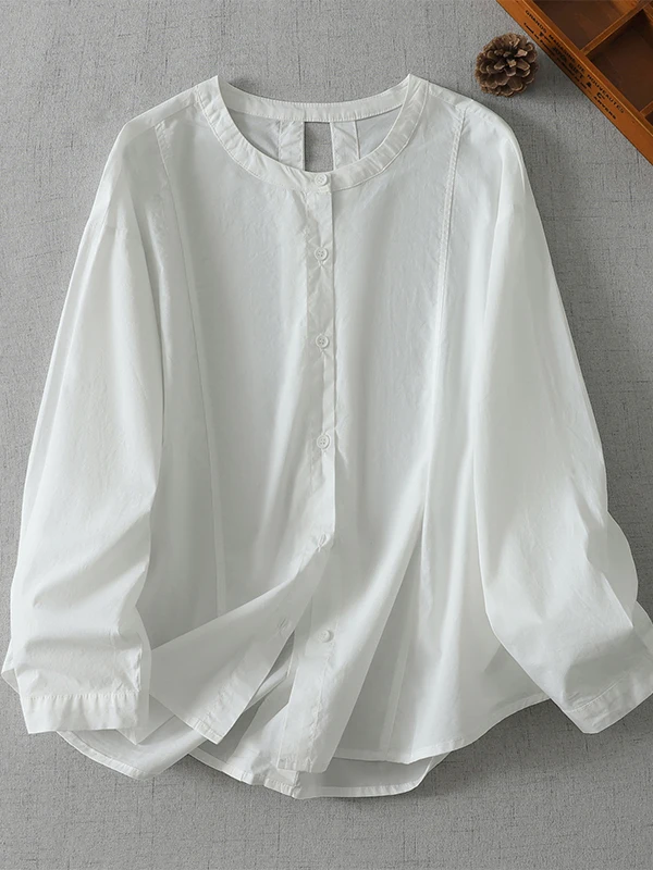 Minimalist Back Hollow out Splice round Neck Loose Long Sleeve Women's Shirt Autumn New Style Versatile Top Large Size Fashion