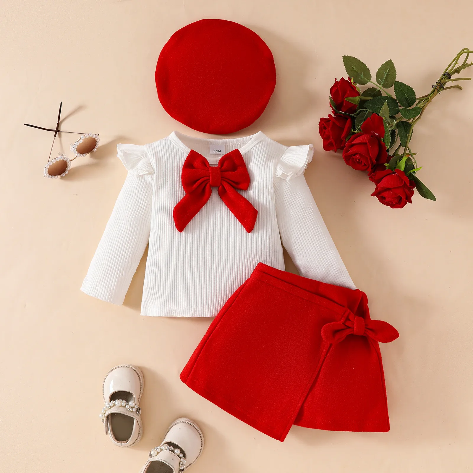 Baby Girls Outfit Solid Color Set 0-3Y Long Sleeve Big Bow Top Irregular Skirt and Beret 3Pcs Toddler Infant Christmas Clothes