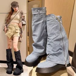 Women Pleated Chunky Platform Knee High Denim Boots Women Thick Bottom Wedge Western Boots Side Zipper Cowgirl Botas 2024