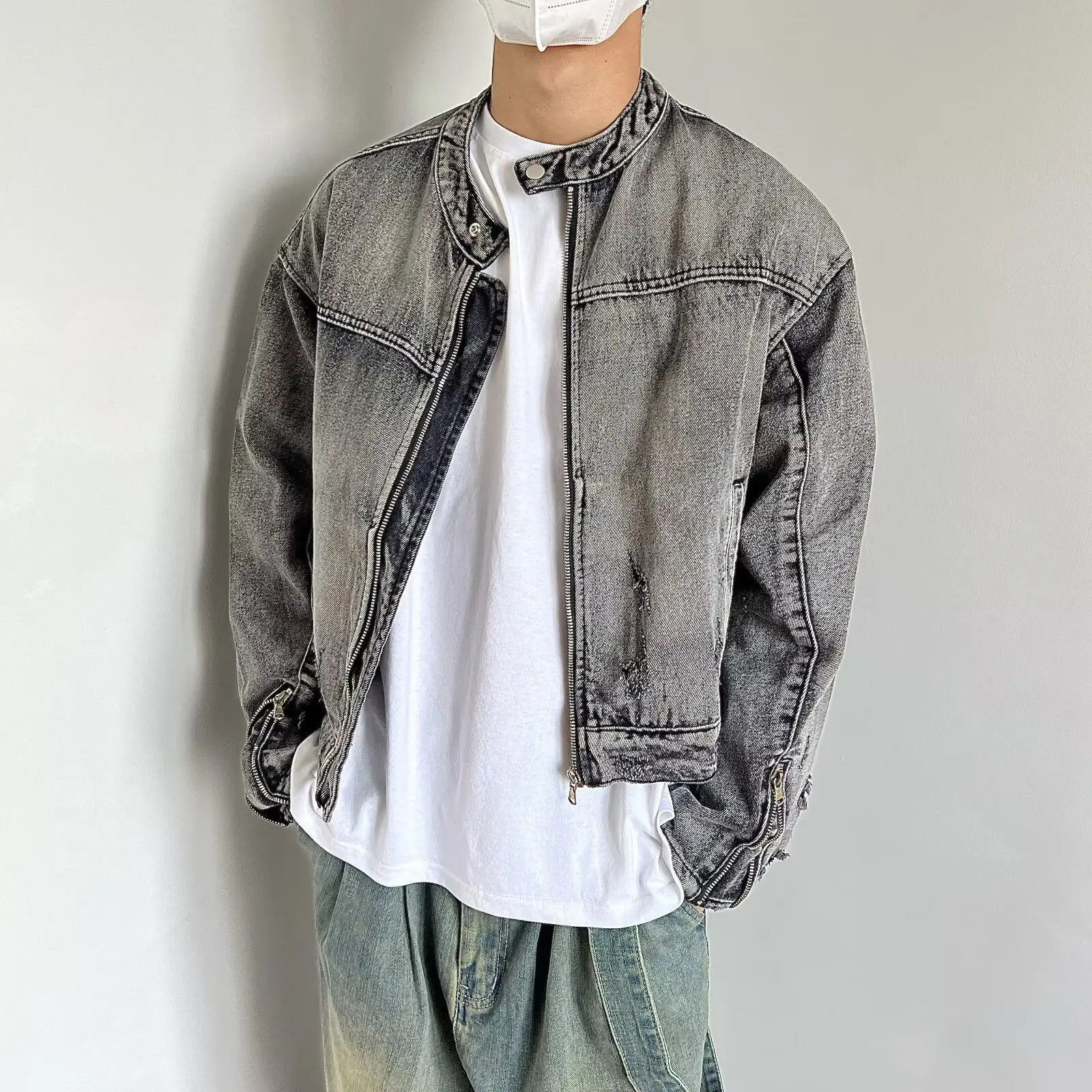 

Retro Waed Sle Men's Denim Jaet Stand Collar Long Sve ort Length Youth Japanese Sle Design Heavyweight 2025 New ...