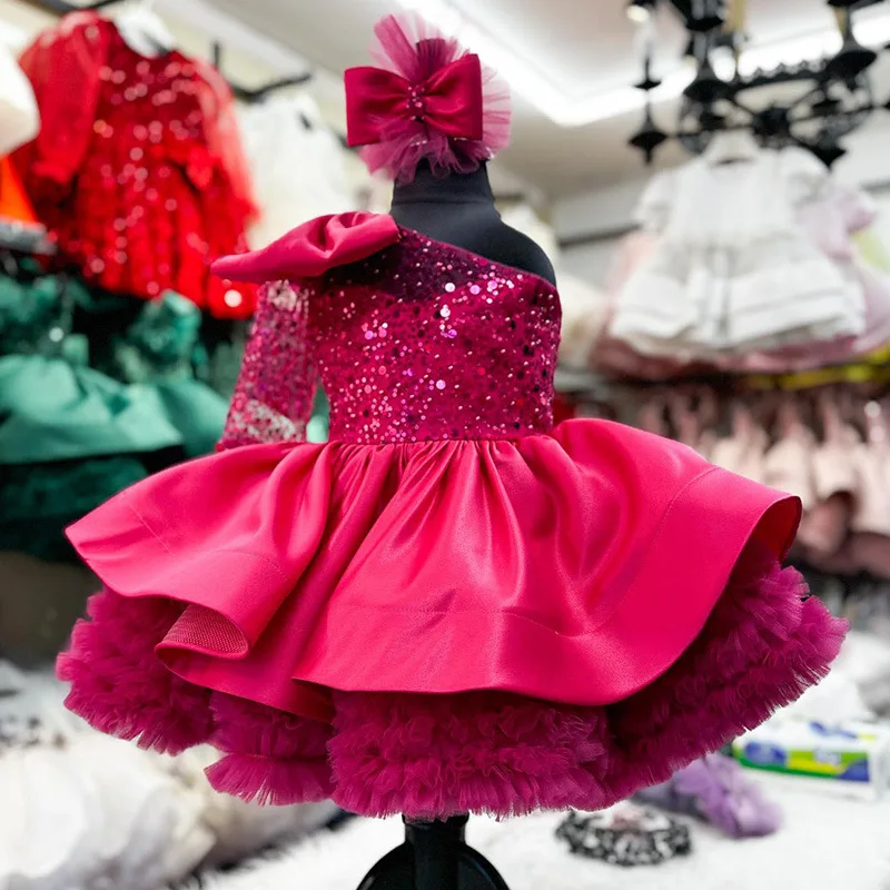 Custom Luxury Dress Wedding Guest Gown Flower Girl Gown Birthday Party Gown Pageant Show Dusty Pink Sequin One Shoulder Bow Shor