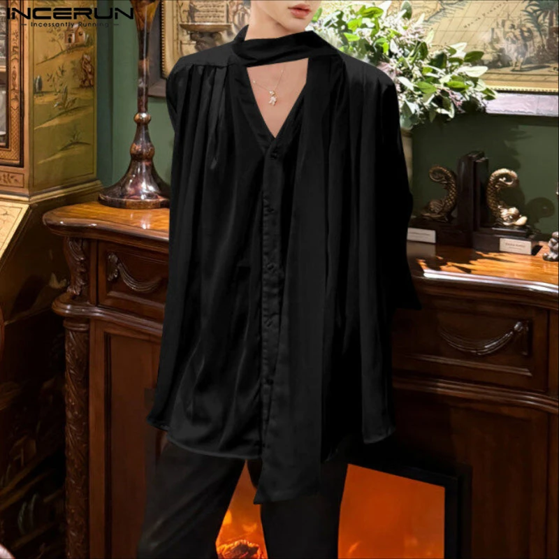 INCERUN الرجال قميص الصلبة الخامس الرقبة طويلة الأكمام مطوي فضفاض الرجال الملابس الشارع الشهير الكورية نمط موضة بلايز عادية الذكور القمصان #3