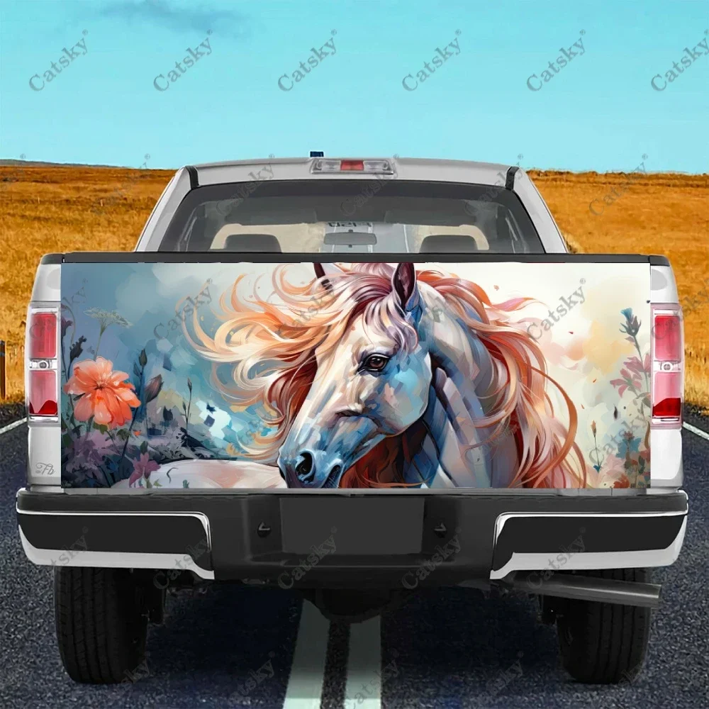 

Watercolor White Horse Truck Tailgate Wrap Professional Grade Material Universal Fit for Full Size Trucks Weatherproof
