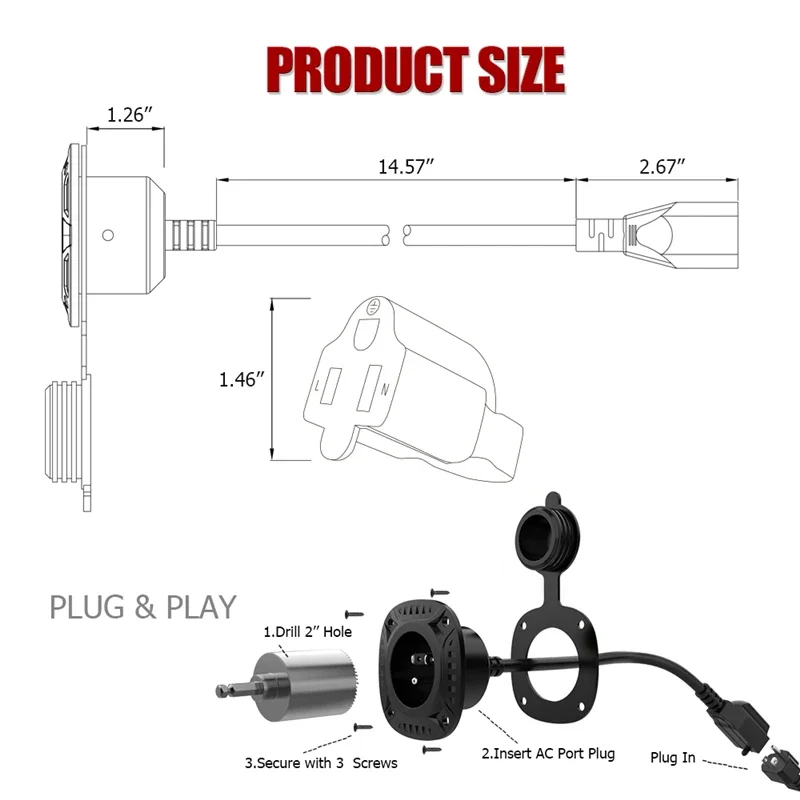 

MICTUNING AC Extension Cord Cable RV Plug Port With 16" Integrated Extension Cord Waterproof Cap For Caravan Car Bumper Boat