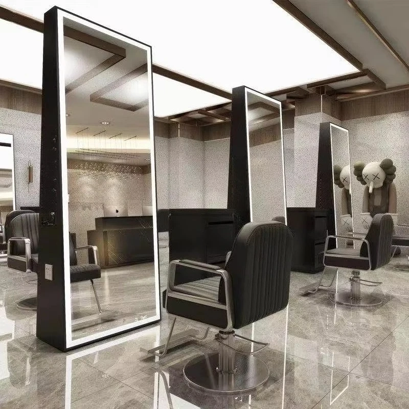 Kingstin Professional LED Barber Shop Mirror Floor Bracket with Socket, Full Body Hair Salon Styling Table Mirror