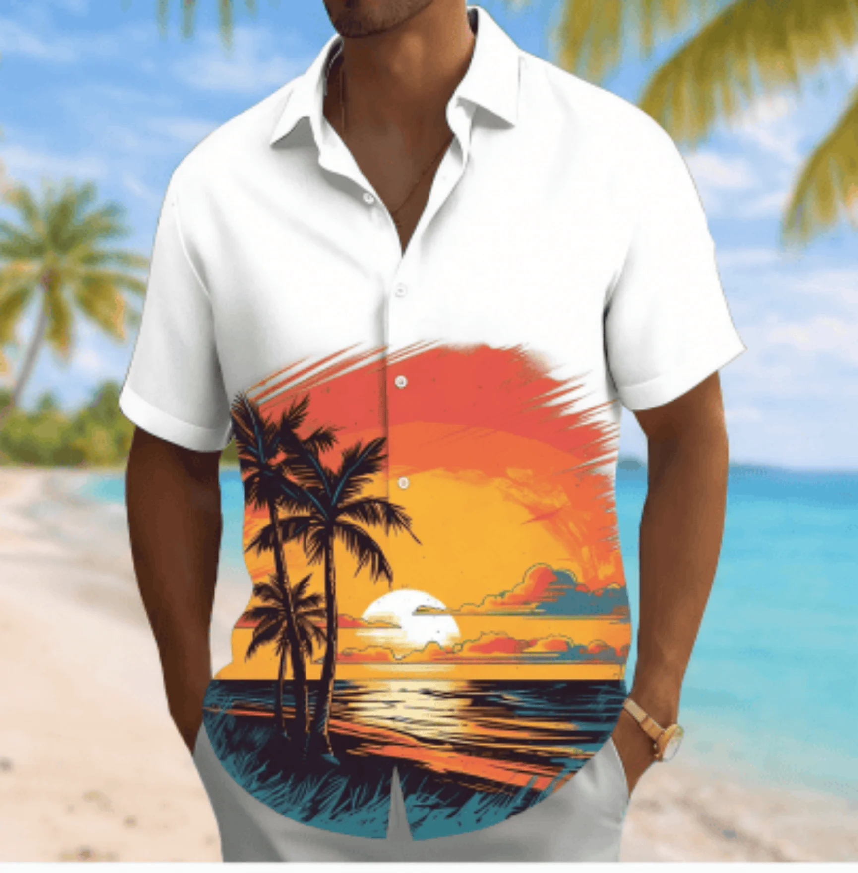 

Men's Beach Sunset Coconut Tree Print Short Sleeve Shirt, Spring Summer Hawaiian Vacation Blouse, Turn-Down Collar Loose Top