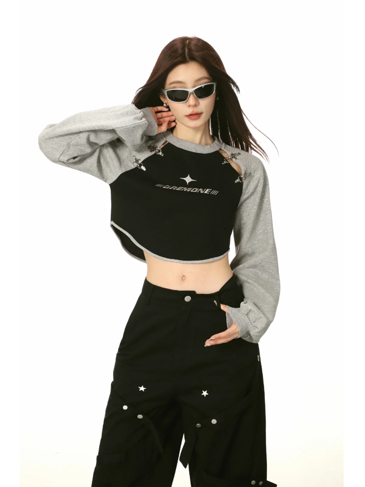 

Style American Shoulder Hoodie Women Spring Autumn Short Splice Hot Girl Top Standard Fit Printed Long Sleeve round ...