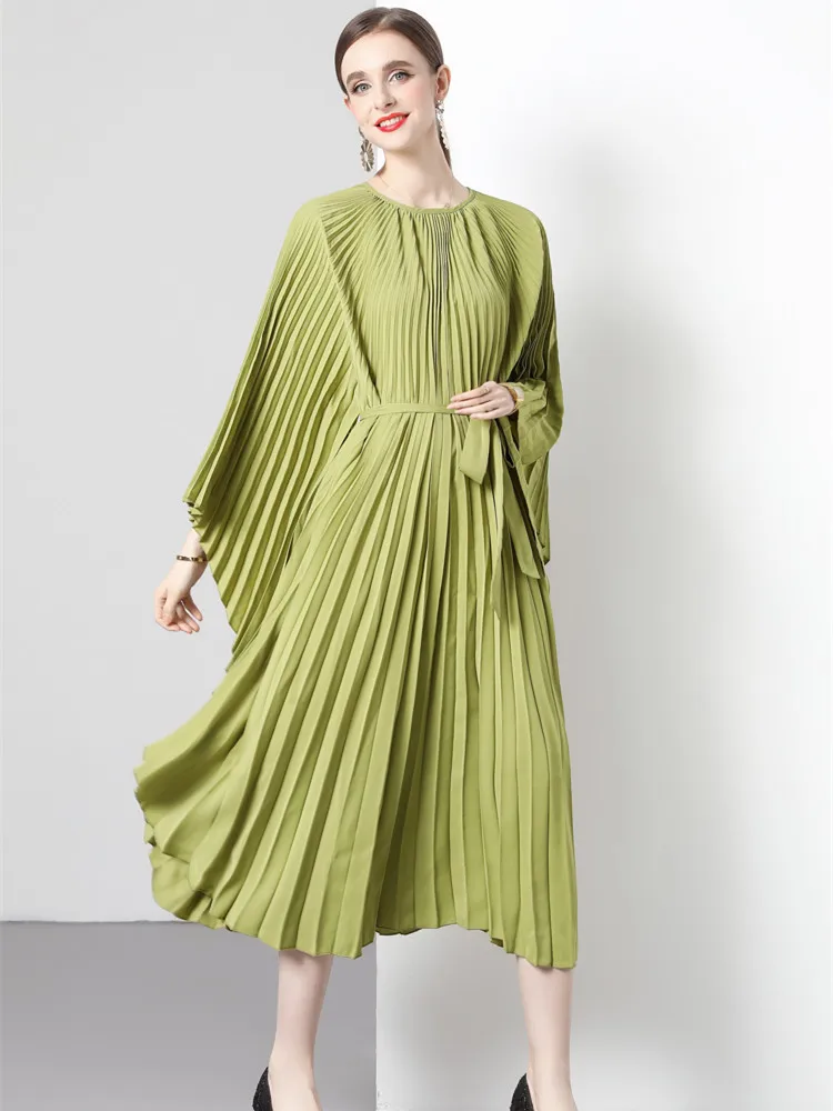 Autumn Miyake Original Design Organ Pleated Dress Women Batwing Sleeve O-Neck Loose Oversized Lace Up Belt Midi Party Vestidos