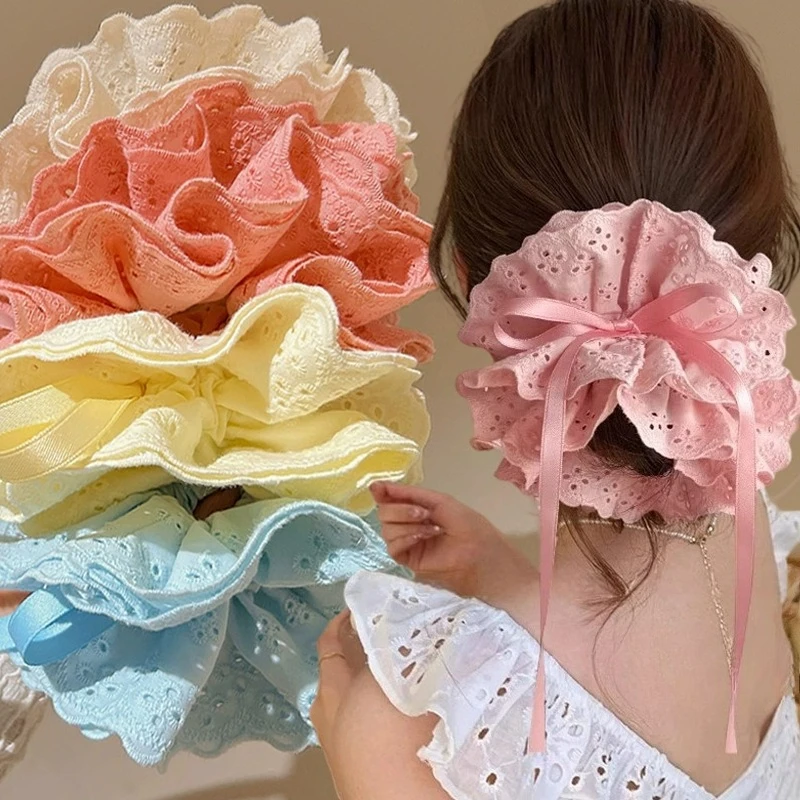 

Double French Gentle Drawstring Hair Ties for Women Sweet Large Headband Bun Tail Hair Bands Lace Trim Bow Elastic Hair Bands