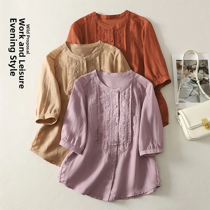

plus Size Women's Shirt Spring Summer New Style Thin Cotton Linen Embroidered Top Fashionable Outerwear Breathable Comfortable