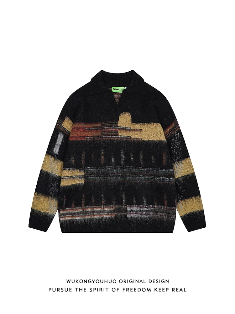 

Retro Japanese Sle Color Blo Design Collared Knit Sweater for Men Autumn Winter Lazy Sle Couple Hole Knitted irt