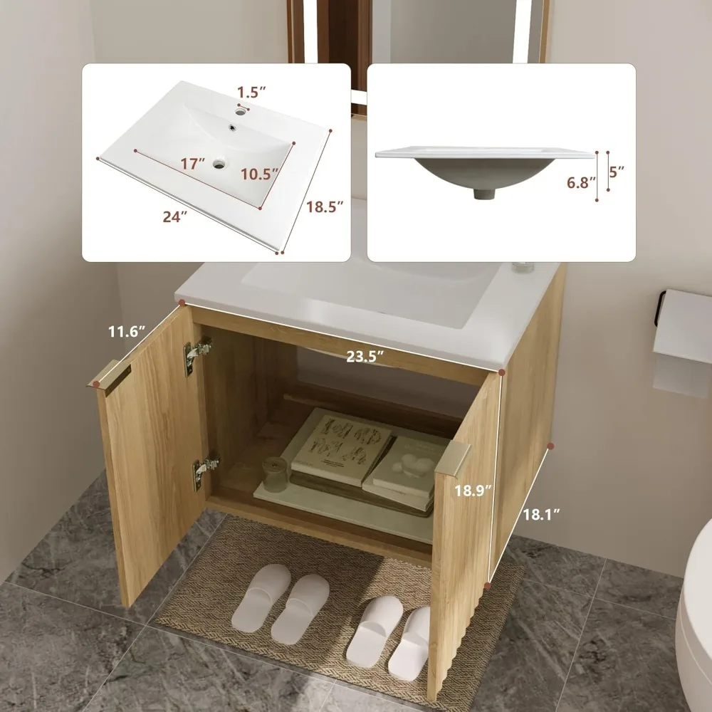 Mobile da bagno moderno con lavabo e ante testurizzate ondulate - Mobiletto galleggiante a parete, contenitore impermeabile con chiusura ammortizzata