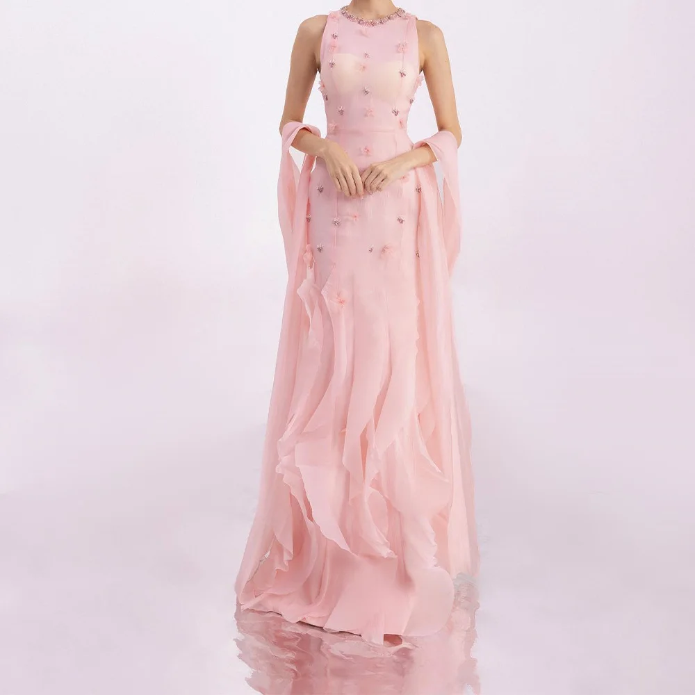 

Graceful and Exquisite Appliques Beading Crystal Pink Tiered Tulle Evening Dresses Sleeveless Crew neck Floor Length A-Line Gown