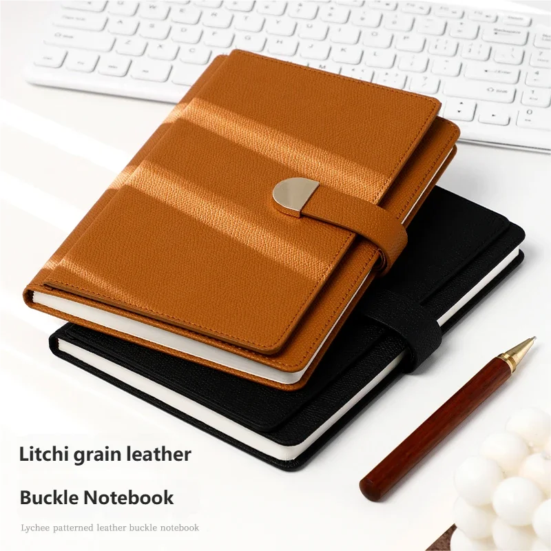 Litchi Pattern Leather Notebook - Side Pen Holder, Portable Buckle Design, for Office School Student Daily Writing