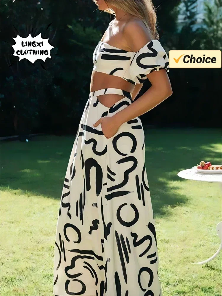 New Elegant Women's Set Short Bubble Sleeve Top Hollow Large Swing Long Dress Split Body Dress Style Fashion Two Piece Set