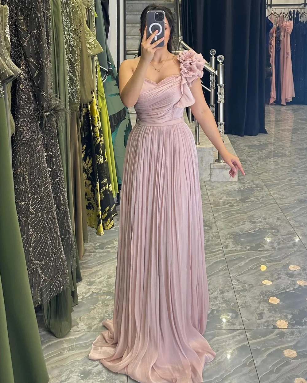 

Customized Sizes Available Pleat Flower A-line One-shoulder Long Dresses Bespoke Occasion High Quality Intricate