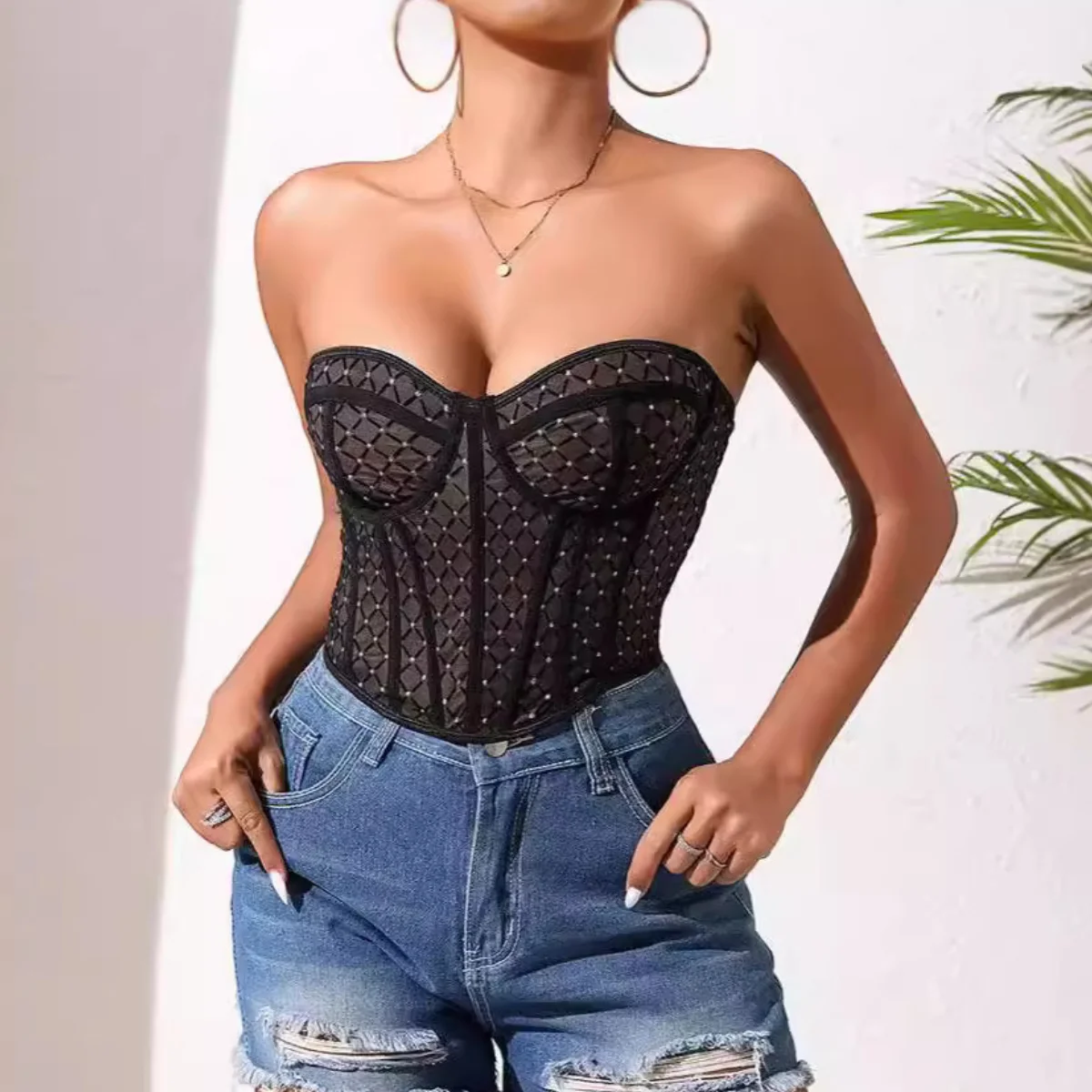 

French Strapless Boned Corset Open Back Camisole Women's Bustier Crop Tops Body Shaper Bodices Fashion Slim Top Street Shapewear