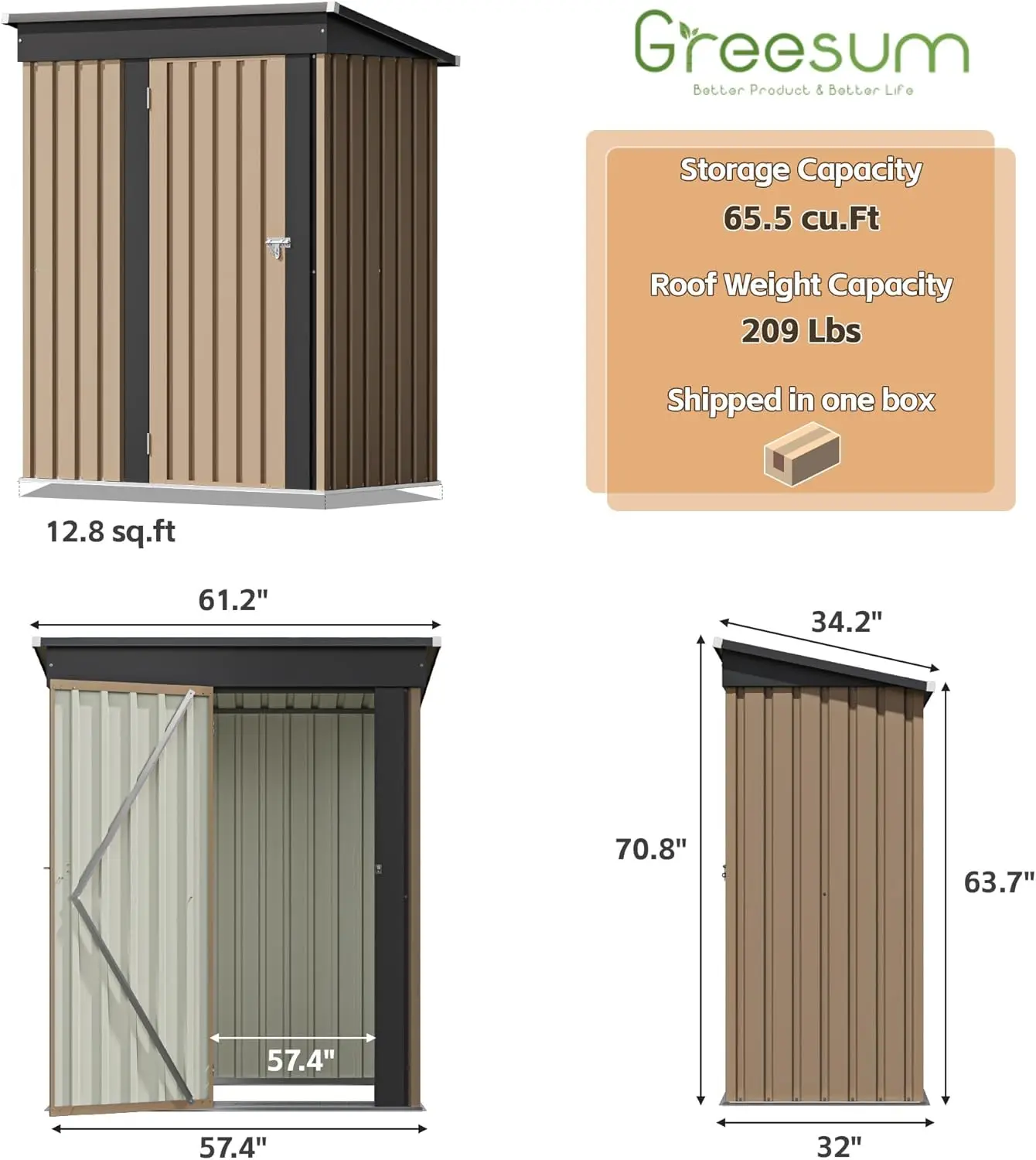 سقيفة تخزين معدنية للفناء بطول 5 × 3 أقدام مع أبواب قابلة للقفل، وتخزين خارجي للدراجة في الفناء الخلفي وحمام السباحة والحديقة باللون البني