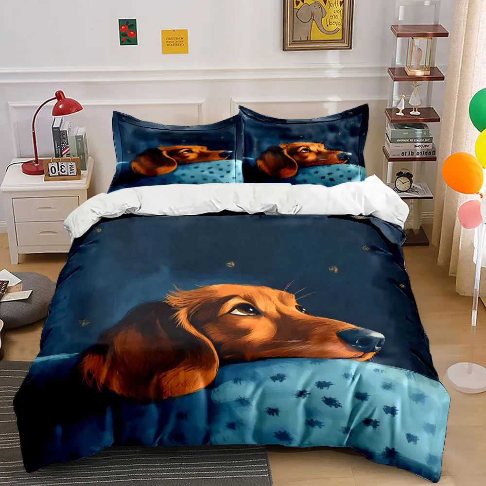 

3Pcs Cozy Dachshund Bedding Set, Sweet Sleeping Sausage Dog Print Duvet Cover + 2 Pillowcases, Dog Lover Decor