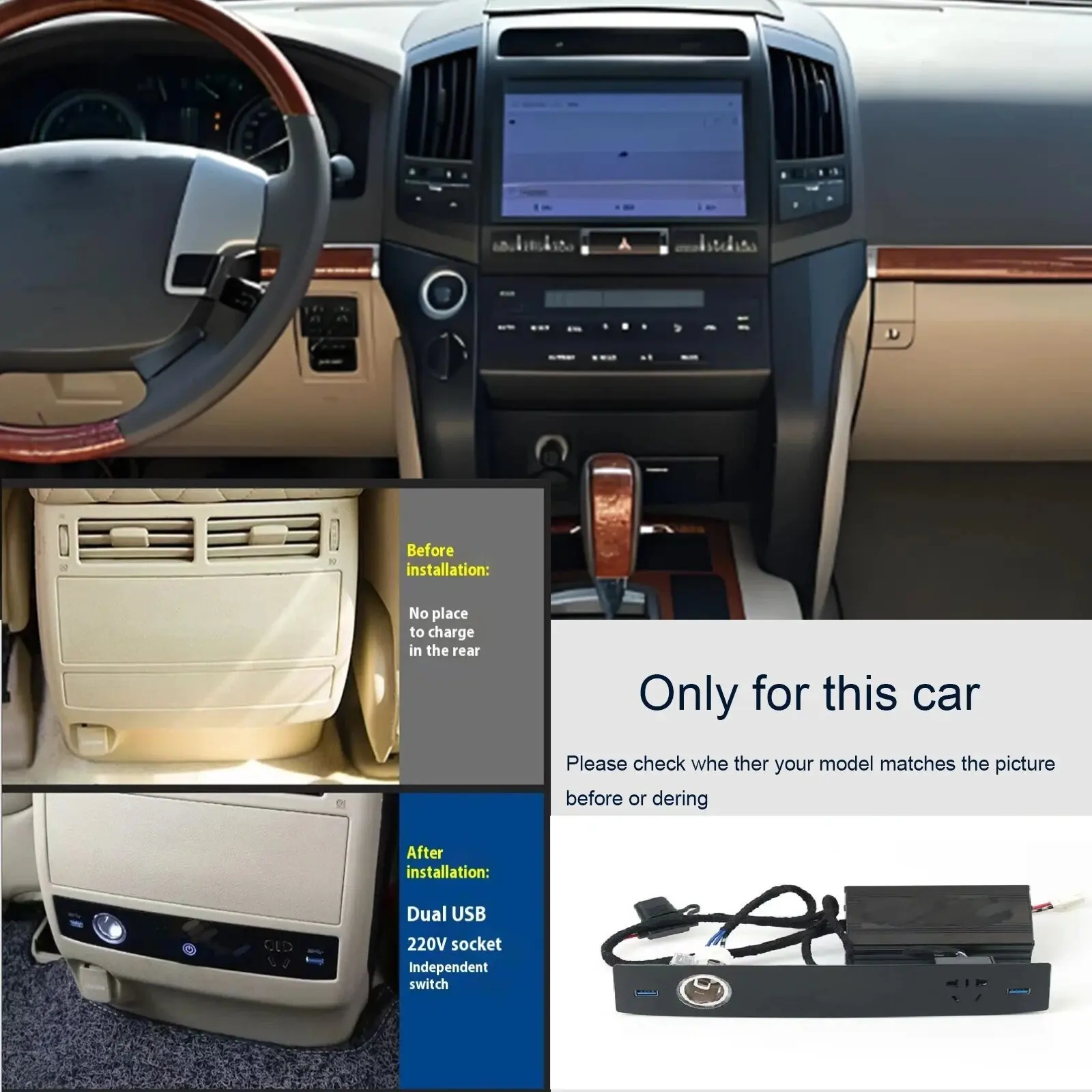 2 din The latest for Toyota Land Cruiser LC200 2008-2021 multifunctional rear USB charger refitting armrest box seat socket