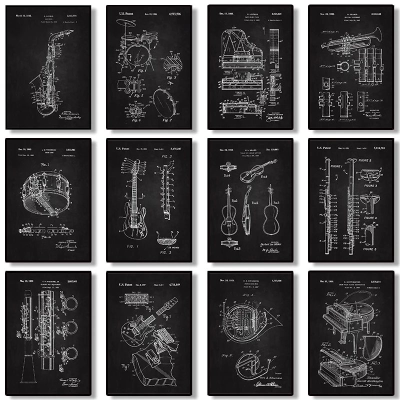 Musical Instruments Piano Violin Blueprints Wall Art Decor Home Decoration for Living Room Painting Canvas Print Poster Picture