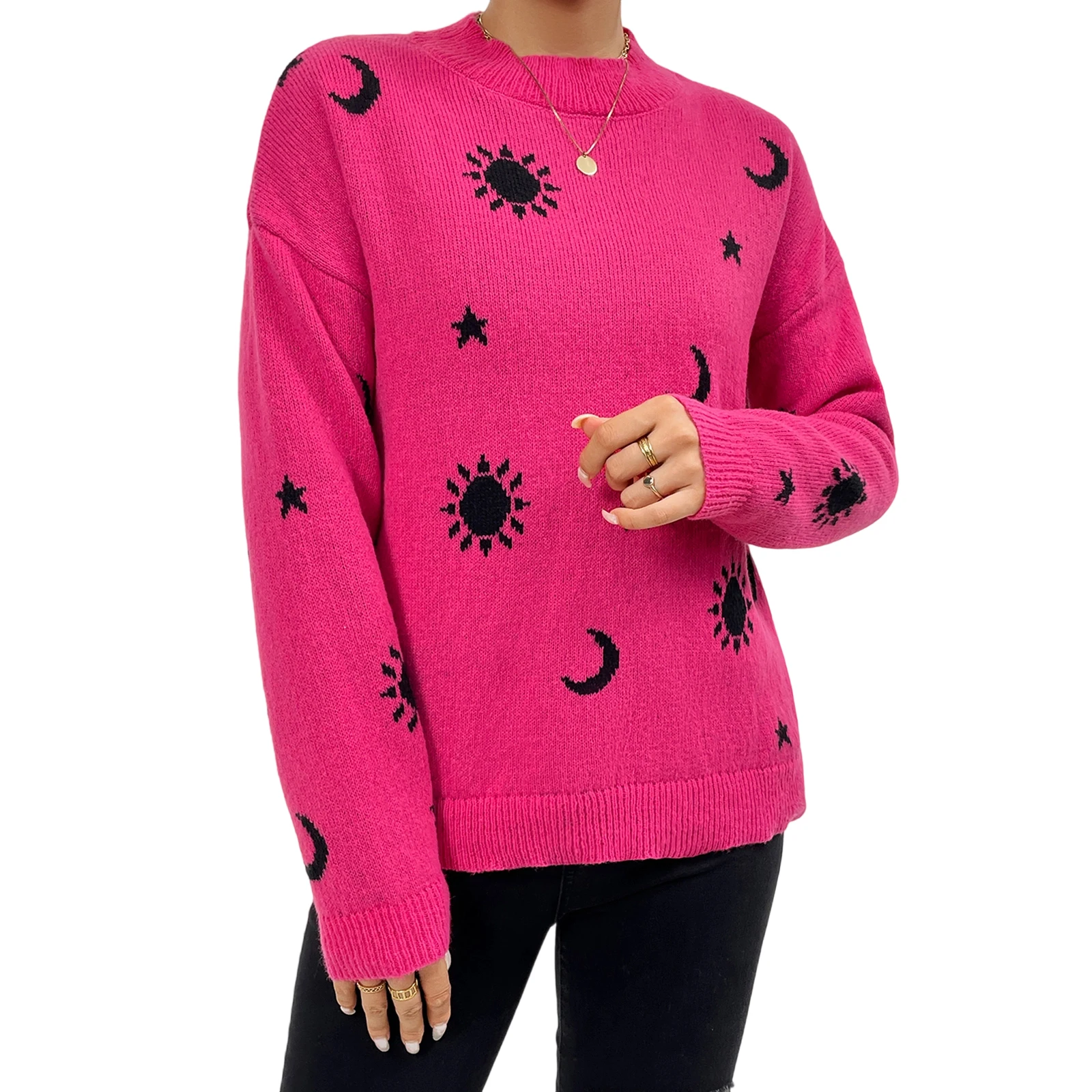 Women Cute Comfy Sweaters Casual Sun Moon Jacquard Warm Pullover Basic Knitwear for Fall Streetwear
