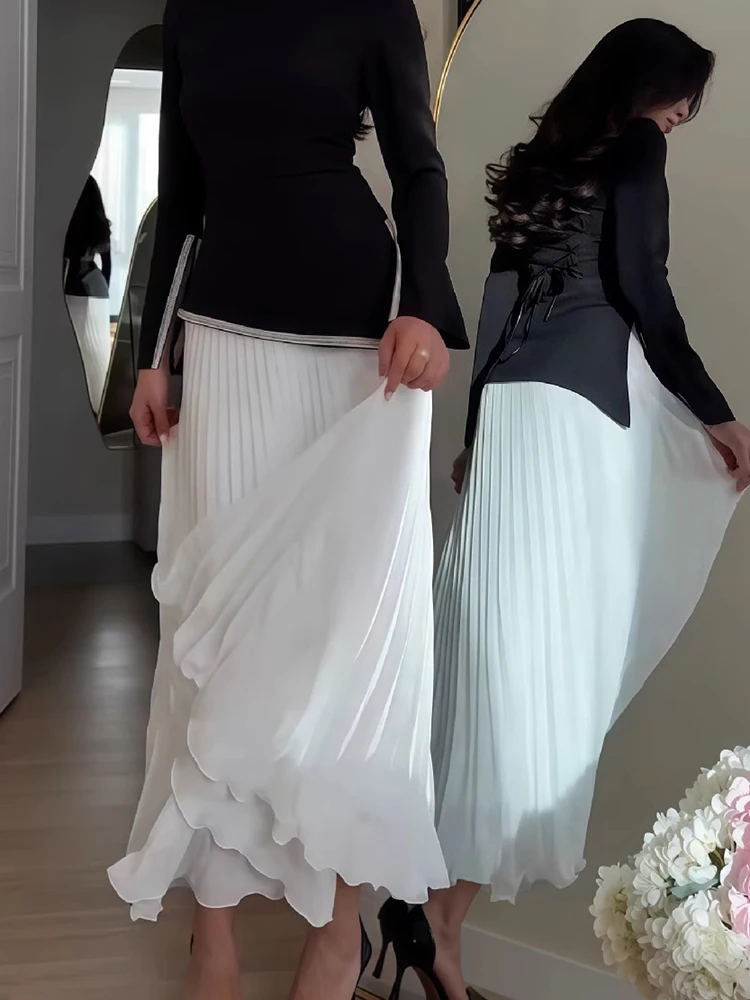 

Повседневные комплекты с длинными рукавами и цветными блоками, темпераментные складные юбки с высокой талией, элегантные женские топы с круглым вырезом и полуюбки, комплекты