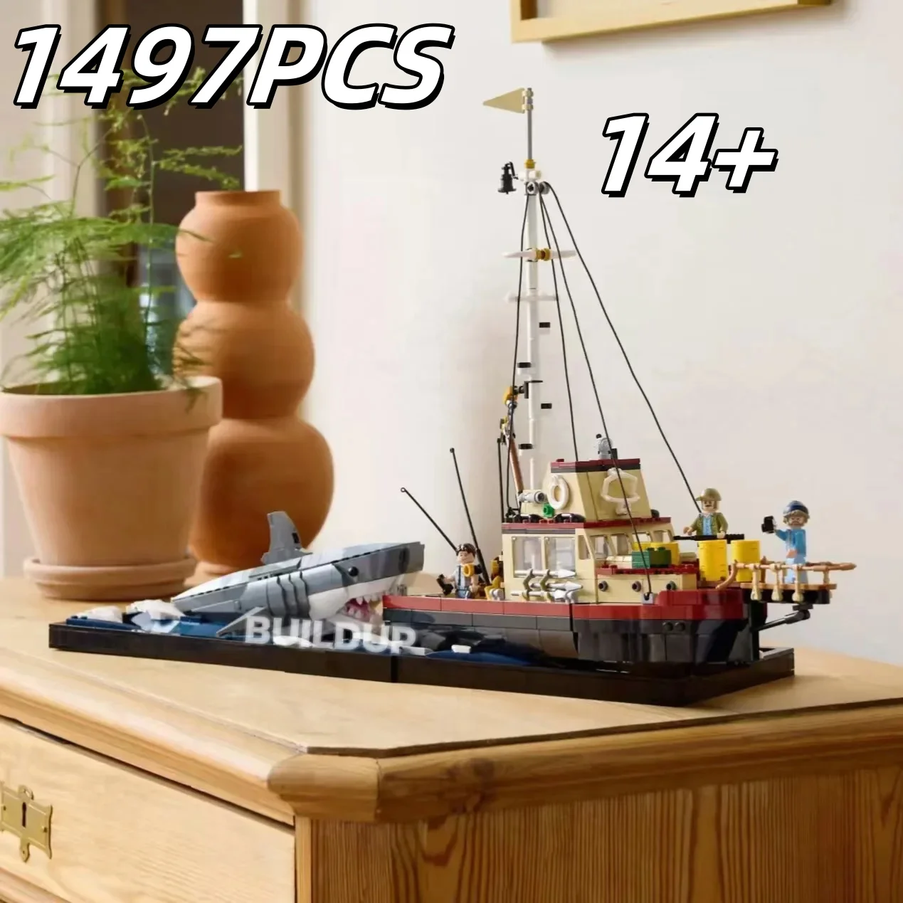 

2025 New 21350 Great White Shark Model Pirate Ship Fishing Boat 1497PCS Building Block Set Model Toy Children's Birthday Gift