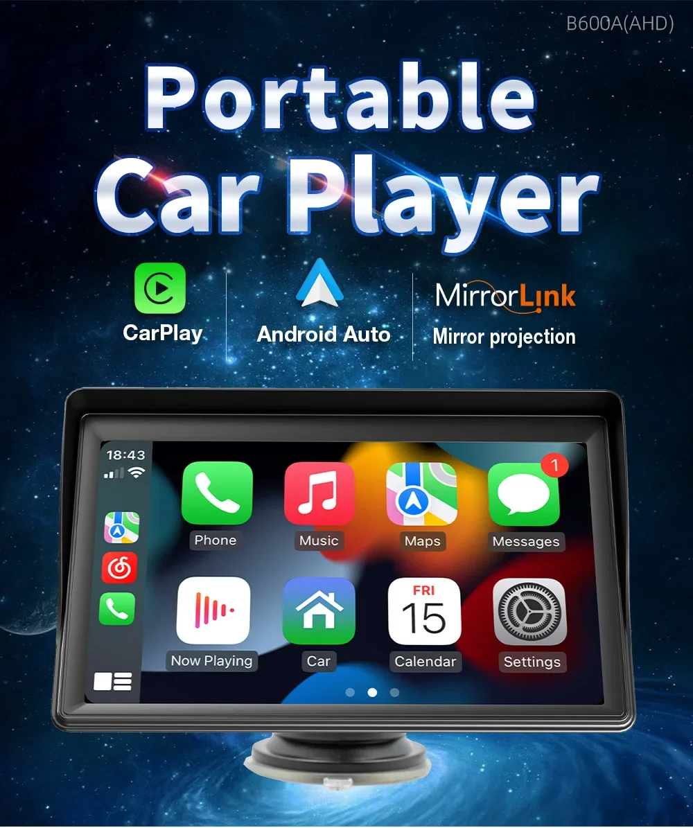 7'' Universal Car Radio Wireless Carplay Android Auto Mirrorlink Portable BT/USB/AUX with Sun Visor Multimedia  Car Player