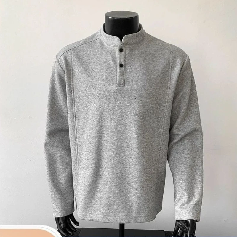

Весенняя мужская толстовка с воротником Генри, хлопковые пуговицы, простая уличная футболка с длинными рукавами, толстовка с капюшоном, тяжелый серый спортивный пуловер