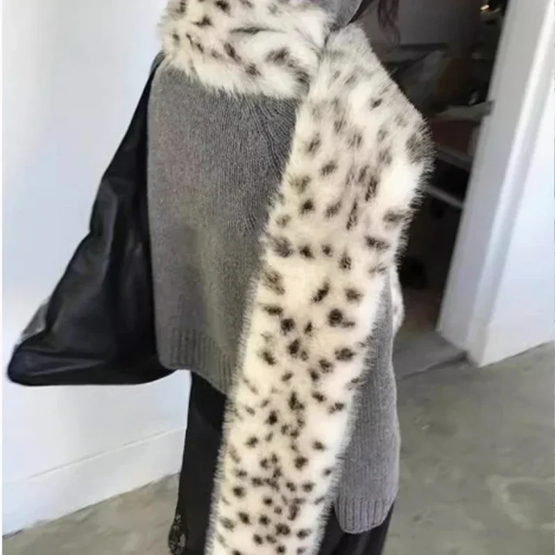 Women Faux Fox Fur Long Scarf White Leopard Dot Winter Warm Thickened Lengthened Scarf Neck Collar Sexy Party Dress Shawls