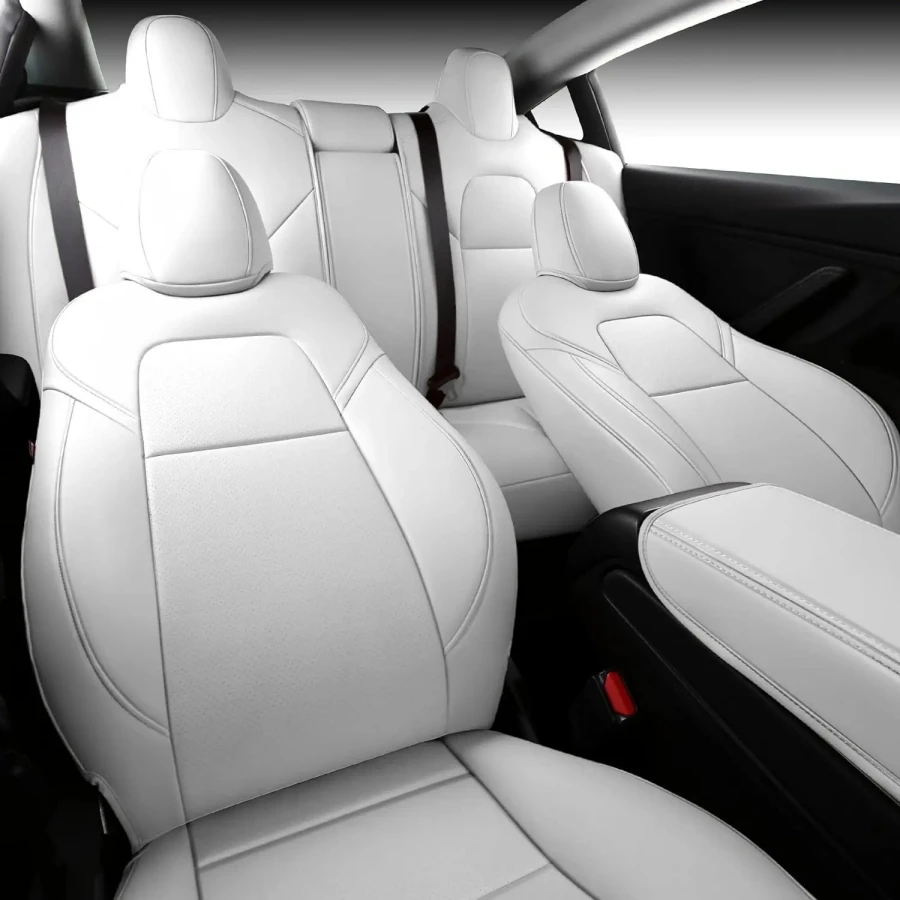 11PCS White Full Set Car Seat Covers for 2020-2024 Tesla Model Y 5-Seat Nappa PU Leather Front and Rear Seat Cushion Protector