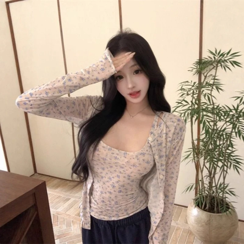 Conjunto Cárdigan holgado manga larga para mujer, Vintage, Floral, haut court casual sans tirantes, tenue de dos piezas