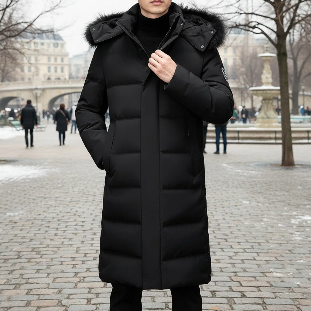 

Winter Long Down Jacket Men Luxury Fur Collar Hooded Windproof White Duck Down Warm Coat Korean Fashionable Thick Puffer Jacket