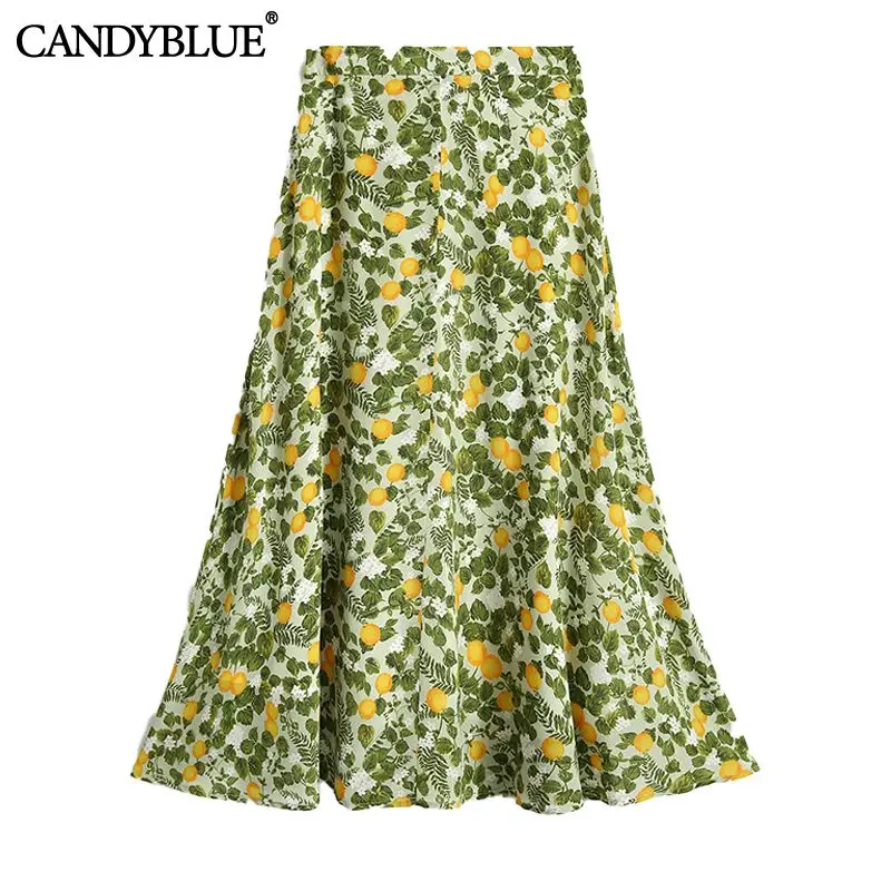 

Light Green Floral Printing Bohemia High Waist Lace Up Women's Skirt 2022 A-Line Chic Elegant Mid-Calf Long Skirts For Women