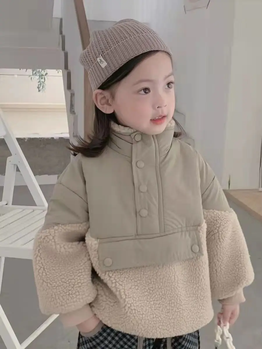 Parkas 2023 Childrens Clothing Children Clothing Winter Cotton Baby Loose Splicing Lambhair Plush Thickening Warm Coat