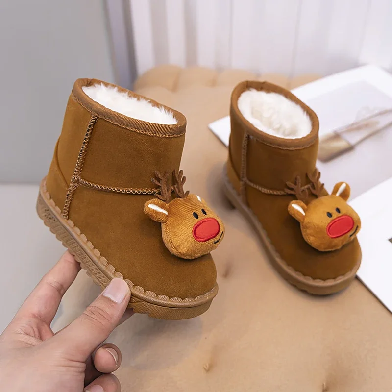 

2025 г. Милые зимние сапоги для маленьких девочек на плоской подошве, детская меховая обувь с оленем, пушистые плюшевые детские полусапожки, нескользящая детская обувь