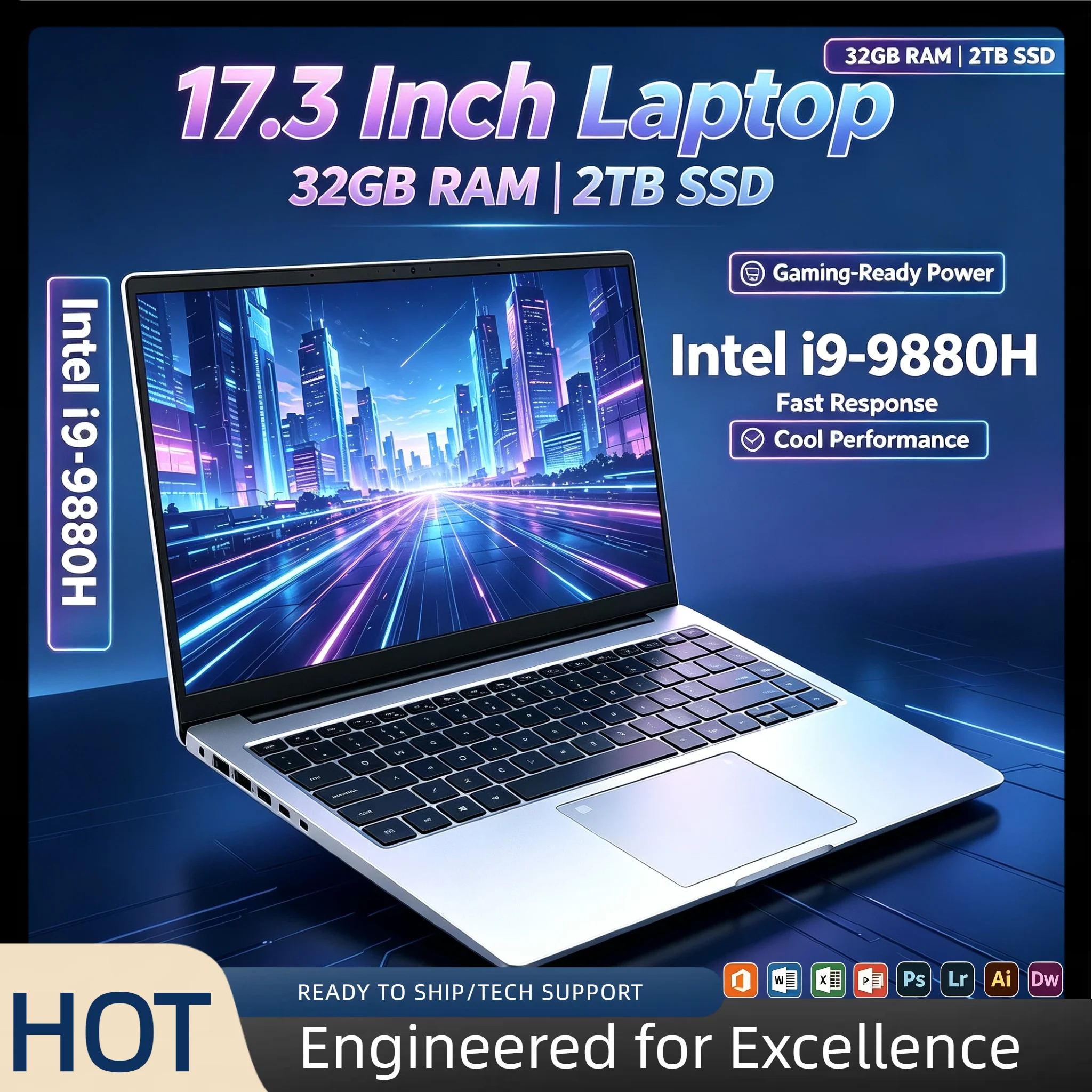Intel i9 9880H 17.3 Inch Full Size Notebook 32GB RAM 2TB SSD Fingerprint Unlock High Performance Work Gaming Pro Speed